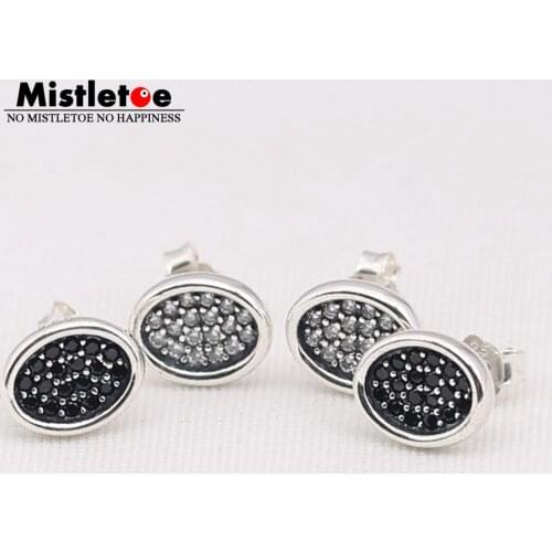 Authentic 925 Sterling Silver Oval Black & Clear CZ Stud Earring Jewelry
