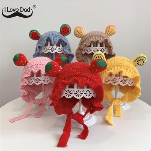 Cute Fruits Print Ears Baby Hat Winter Knitted Warm Infant Ruffle Baby Boy Girl Hats Solid Color Kids Children Beanie Cap