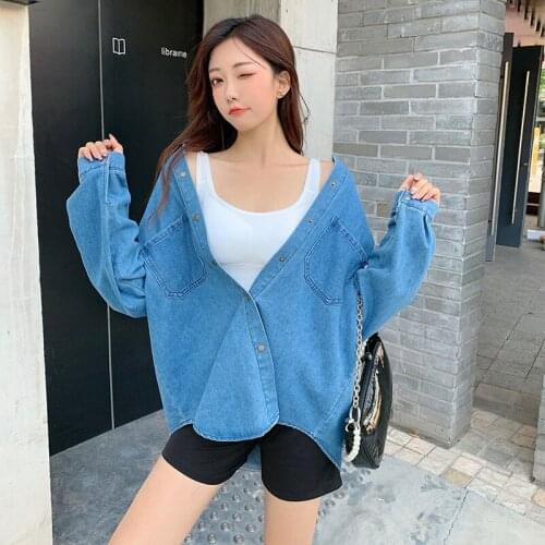 Oversized Vintage 2021 Fall Denim Shirts Long Sleeve Turn-down Collar Loose Blouses For Women Plus Size Female Tops T020