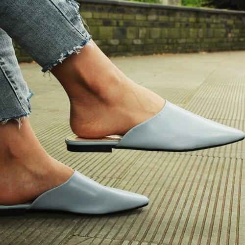 Woman Summer Slippers Sandals Pu Solid Outside Flat With Slides Modern Stylish Closed Toe Lazy Mules Blue Black Womens Shoes