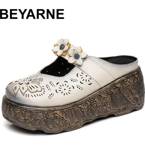 BEYARNE Original Retro Sandals Summer Genuine Leather Handmade Shoes Slides Thongs Platform Clogs For Women Wedges Shoes