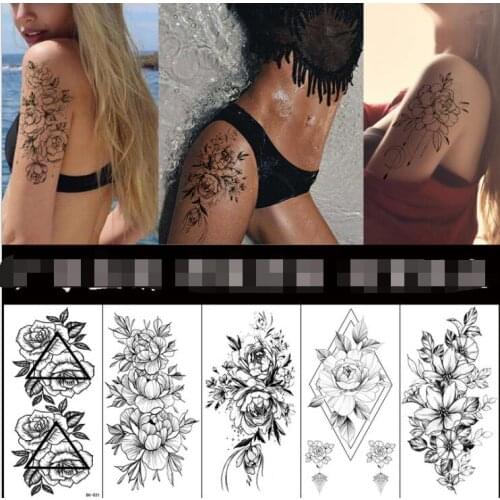 Ladies tatoos Flower Girls Temporary Tattoos For Women Waterproof Black Tattoo Stickers 3D Blossom Lady Shoulder DIY Tatoos