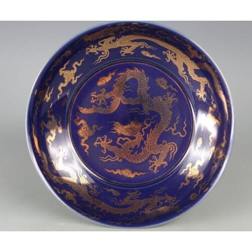 Antique MingDynasty(ChengHua)porcelain plate,blue glaze,Dragon,Hand-painted crafts,Collection&Adornment,Free shipping