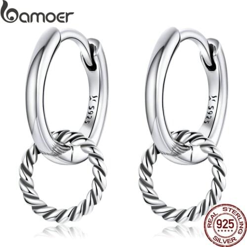Bamoer Authentic 925 Sterling Silver Double Ring Ear Buckles Round Circle Earrings for Women Silver Jewelry SCE1199