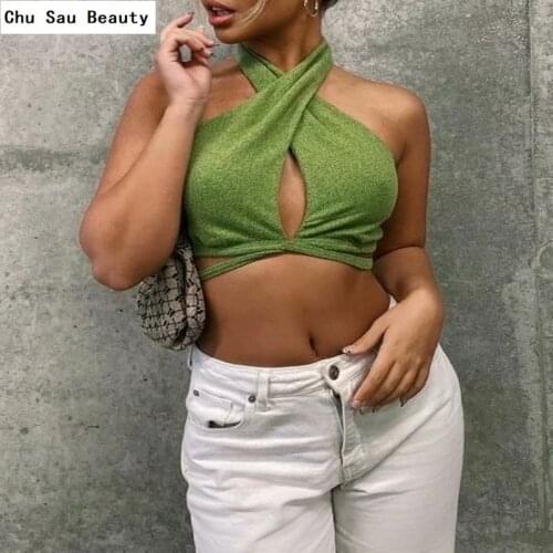 Chu Sau Beauty New 2021 Sexy Halter Style Womens Sleeveless Top Club Party Fashion Wrapped Chest Irregular Top Street Style Top