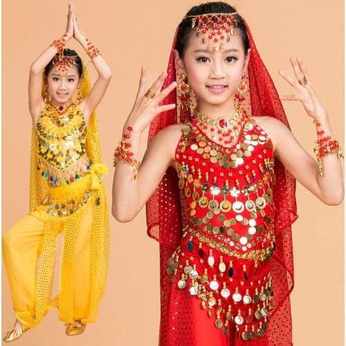 Belly Dance Children Indian Costume Set 5-piece (Top, Belt, Pants, Headpiece and necklace) Bollywood Dance Costumes for Girls