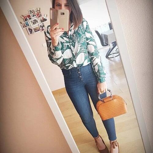 Elfbop Silk & Cotton Lapel Printed Shirt Top -ladies 2019 Green/Orange Casual Blouse Shirt