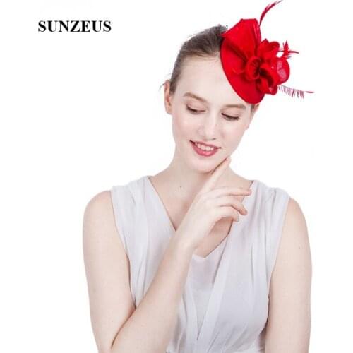 Hot Red Small Wedding Hat 2020 Linen Flowers Feathers Fascinator White tocados madrina boda SH83