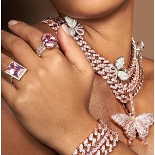 12mm iced out bling cz Miami cuban link chain PINK Butterfly charm choker necklace hip hop rock bling wide cool women jewelry