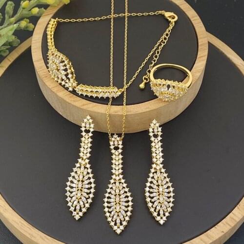 Lanyika Fashion Jewelry Set Classic Leaf Zirconia Necklace with Earrings, Bracelet and Ring for Woman Wedding Party Best Gifts