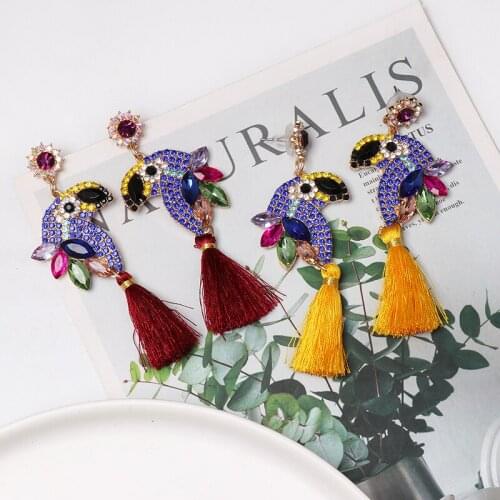FASHIONSNOOPS Colorful Acrylic Glass Drop Earring for Women Brand Design Bird Rhinestone Long Tassel Earrings Wedding Party Gift