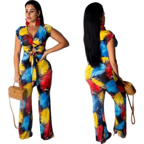 2019 new fashion womens sets European printing large size beach wind sexy two-piece set