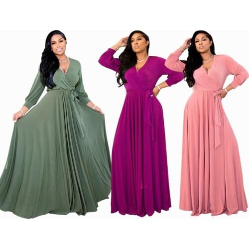 S-2XL Womens Long Sleeve Dress African Style Casual V-neck Solid Color Dress Bohemian Loose Sexy Party Dress Summer 2021 New