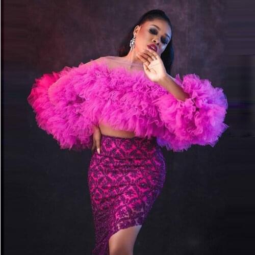 Sexy Women Fuchsia Tulle Tops With Long Sleeves Puffy Ruffled Tulle Top Girls Party Birthday Formal Event Wear Celebrity Top