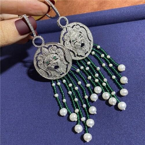 New calcedony and natural pearl long tassel micro cubic zircon micro paved hoop earrings