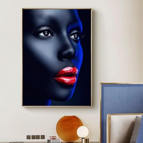 African Women Red Lips Art Modern Wall Decor Posters and Prints on Canvas Art Painting Makeup Portrait Picture for Living Room