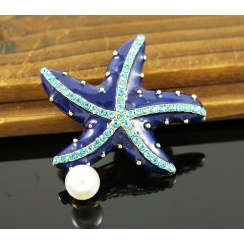 TianBo Factory Direct Sale Elegant Blue Starfish Pearl Pendant Brooch Pin Rhinestone Crystal Pins for Women
