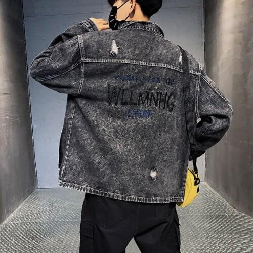 Spring and autumn 2020 fashion teenagers brand ripped denim jacket mens student Korean loose wild embroidery letter jacket