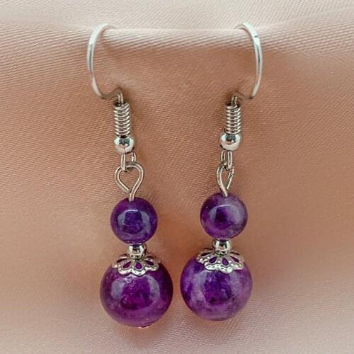 Boho Natural Stone Dangle Earrings Jewelry Wedding Gifts Handmade Round 6mm 8mm Amethyst Agate Drop Statement Earring Wholesale