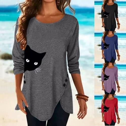 Womens Tops Fashion All-Match Casual Cat Print O Neck Long Sleeve Loose T Shirt Autumn Tops Temperament Clothes Multiple Styles