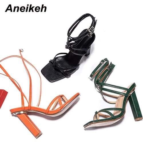 Aneikeh 2021 Women Shoes New Sandalias De Las Mujeres Ankle Strap Fashion Sexy Squared Toe Thin Heels Buckle Sandals Size 35-42