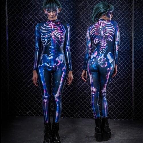 Adult Skeleton Print Halloween Cosplay for Women Ghost Jumpsuit Party Carnival Performance Print Clothing Scary Costume Bodysuit