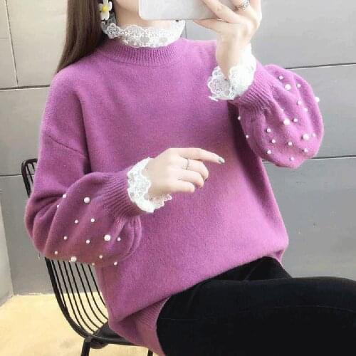 Long sleeve Lace Sweater Women 2021 Fake Two-piece Loose Casual Knitted Sweaters Female Autumn Winter Turtle-neck Pullover