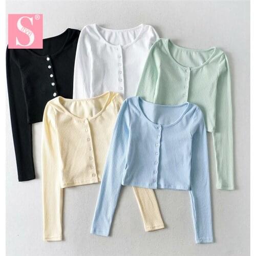 STVY Fashion Candy Colors Long sleeve Women Crop Top Streetwear Knitting Center Buttons Shirts Ladies Harajuku Cardigan 5 Colors