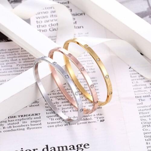 Top Quality 4mm Wide Inlaid With 10 Zircon Gold Woman Bangle Stainless Steel Bracelets & Bangle For Women Wedding Party Jewelry