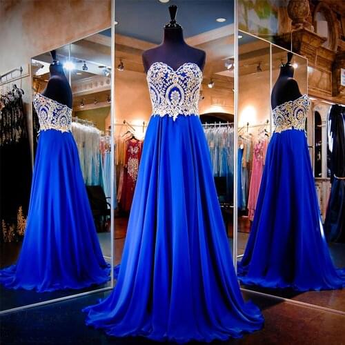Abendkleider 2019 Royal Blue Formal Evening Gowns Dresses Gold Lace Long Prom Dress Graduation Dresses Vestido de Festa Longo