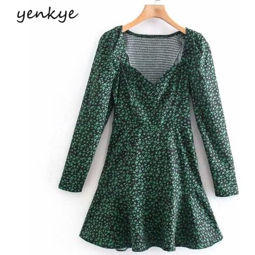 YENKYE Spring Women Green Floral Print Mini Dress Female Sexy V Neck Long Sleeve A-line Casual Dress Vestido
