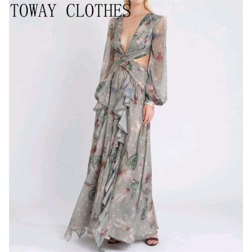Women Long Sleeve Deep V Neck Floral Print Cutout Waist Slit Maxi Ruffle Dress