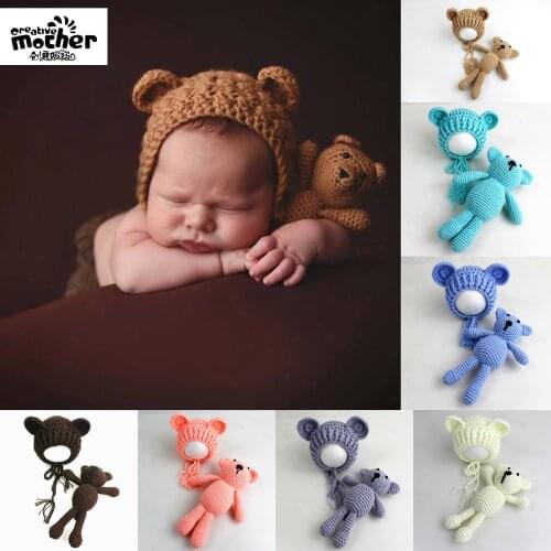 2pcs/Set Newborn Photography Props Knitted Hat + Bear Dolls Photo Shoot Accessories for Girls Boys Bear Toy