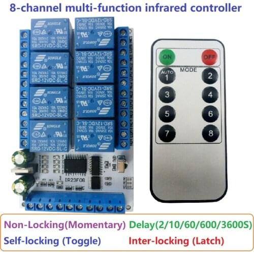 8ch DC 5V 12V Multi-function VS1838 IR infrared control Delay Relay Module Flip-Flop Latch Bistable Self-locking Interlock Latch