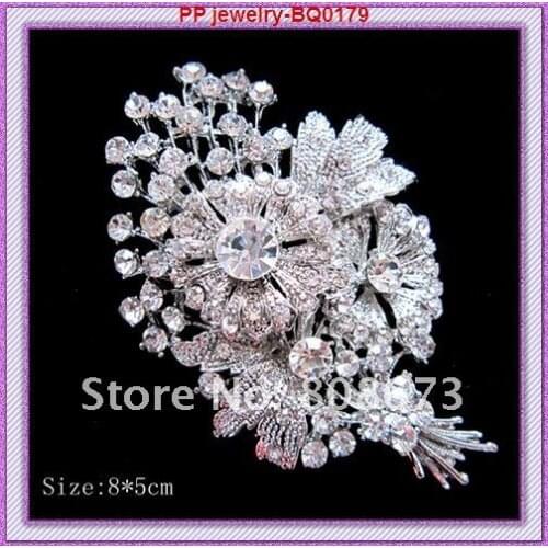 Free shipping(60pcs/lot)Silver plated Clear crystal rhinestone Alloy Big brooches