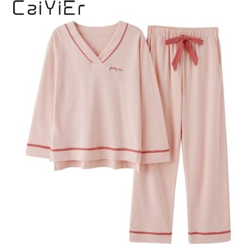CAIYIER New Solid Cotton Pajamas Set Winter Women Sleepwear Embroidery Letter V-Neck Casual Nightgown Underwear Large Size M-3XL