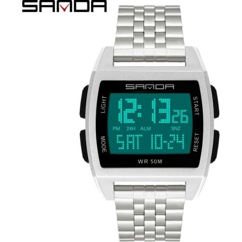 SANDA Mens Electronic Watch Simple Luxury Steel Belt Folding Buckle Sports LED Digital Clock Male Business Watch Reloj Hombre