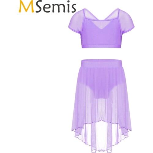Kids Girls Ballet Dress Gymnastics Swimsuit For Dancing Crop Top with Mesh Skirt Splice Cap Sleeves Ballet Dance Outfit Set