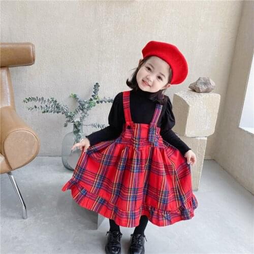 DFXD 2021 Spring Kids Girl Clothes Set For 1-7T Puff Sleeve High Collar Knit Bottoming Shirt+Ruffles Strap Plaid Princess Dress