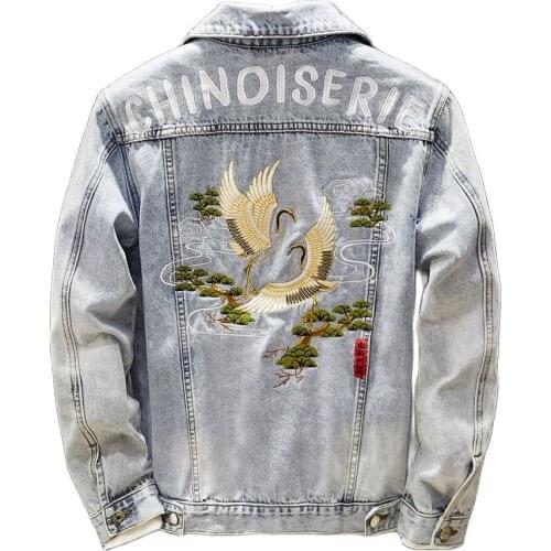 Crane Embroidered Jacket Men Yokosuka Souvenir Cowboy Japand Denim Coat Man Long Sleeve Letter 2021 Spring Summer