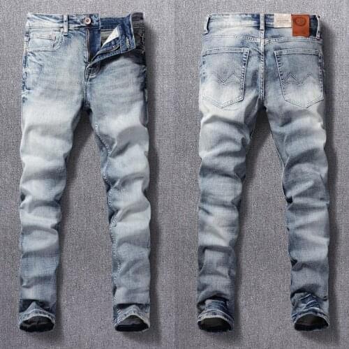 Italian Style Fashion Men Jeans Retro Light Gray Blue Slim Fit Ripped Jeans For Men Vintage Designer Casual Cotton Denim Pants