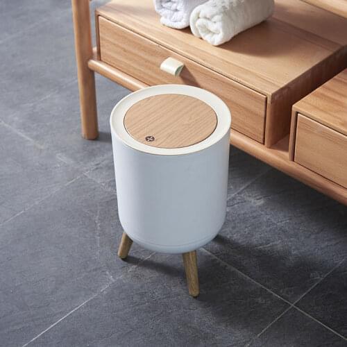 Household creative with lid press living room toilet bathroom kitchen Nordic style ins high-foot imitation wood grain trash can