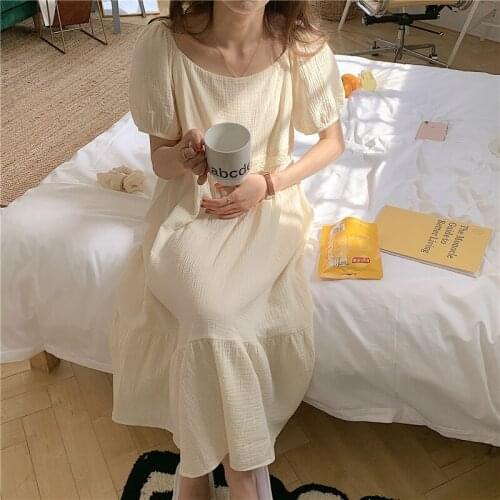 100% Cotton Nightgowns Elegant Ladies Crepe Sleepwear Soft Summer Dress Puff Sleeve Solid Big Swing Midi Nightdress Breathable