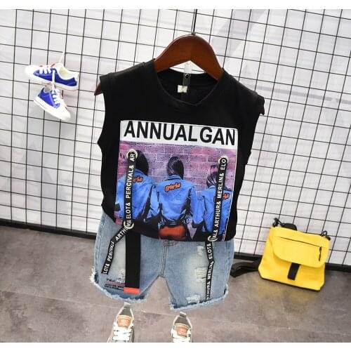 2019 New Infant Boys Summer Cartoon Striped T Shirt + Denim Shorts Clothes 2pcs Sets Children Kids Hole Jeans Clothing 2-6years