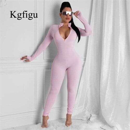 KGFIGU 2021 New Arrival Rompers Women Pink Outfit Thumb Hole Jumpsuit Long Sleeve Zipper Sexy Bodysuit Party Soft Clothing