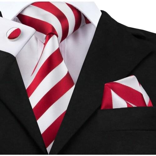 New Fashion White and Red Stripe Tie Hanky Cufflink Silk Jacquard Neckties Ties For Men Formal Business Wedding Party C-242