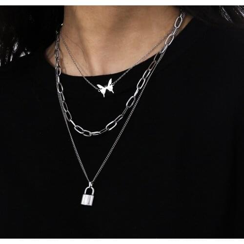 Necklace Sets for Women Stainless Steel Hip Hop Gothic Multi-layer Butterfly Lock Pendant Necklace Girl Glamour Jewelry Gift