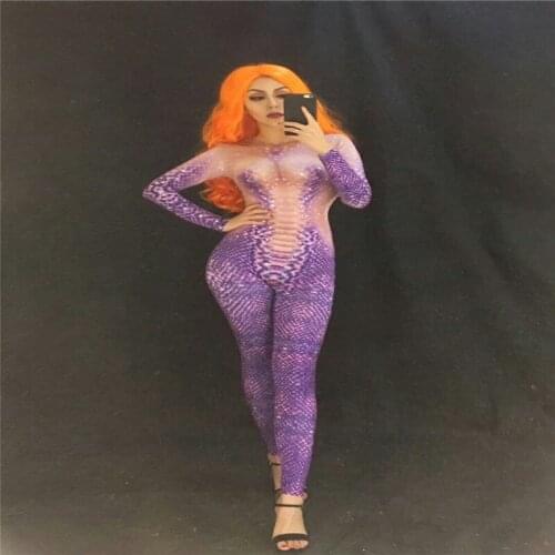 F56 Purple sexy female jumpsuit dj singer stage wears bodysuit bar party performance models show outfit printed clothe prom