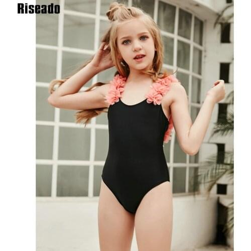 Riseado Flower Design Swimsuit Black Swimwear Children U-back Swimming Suit For Women Girl Bodysuit 2021 Summer Beachwear