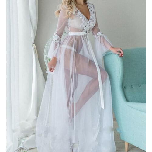 Sexy Lace Lingerie Dress Womens Mesh See Through Nightdress Sleepwear Nightgown Long Robe Pajama Kimono Plus Size